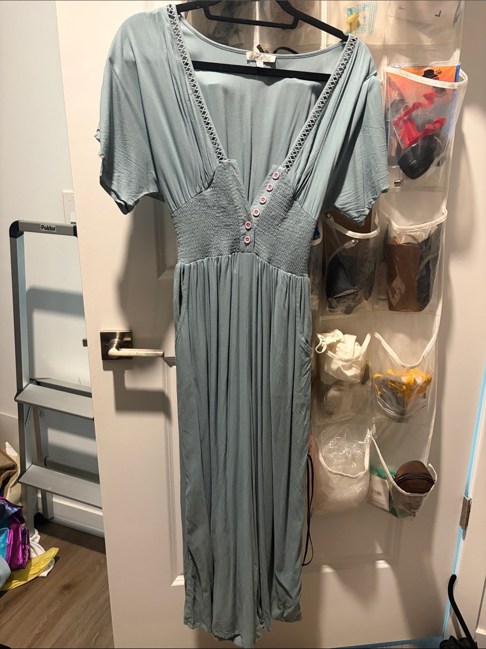 Patrons of Peace Dusty Blue VโNeck Smocked Jumpsuit